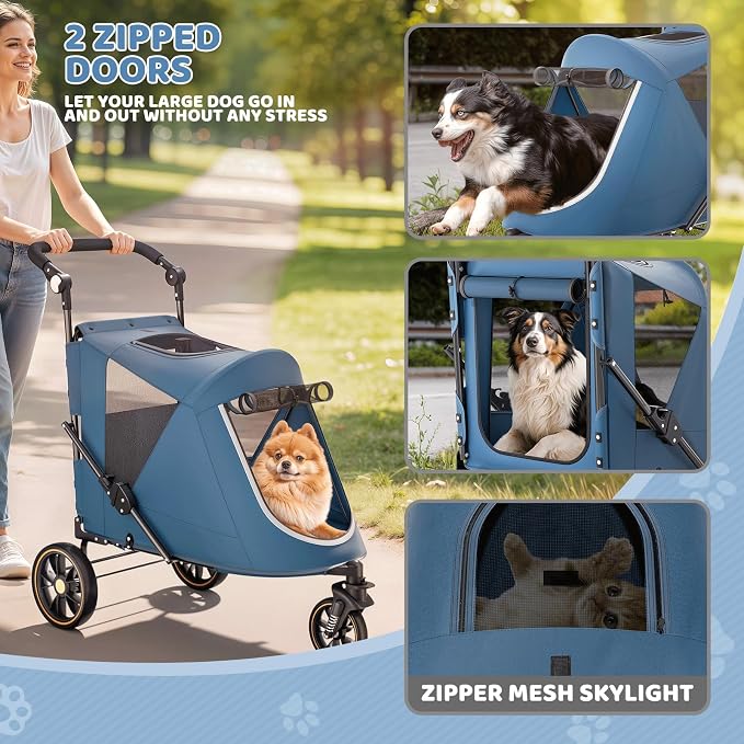 Magshion Pet Stroller for Medium Large Dog, 3-Wheel Foldable Jogger, Navy | All-Terrain with Adjustable Handle, Dual Entry, Rear Storage, Breathable Mesh, One-Foot Brake, Up to 55 lbs