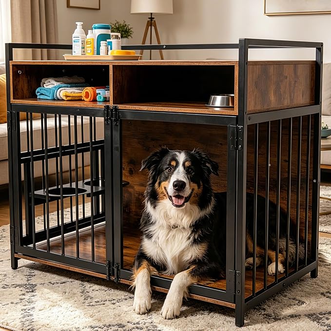 Large Dog Crate Furniture - 48" Vintage Brown Wooden Kennel for Big Dogs, Heavy Duty Chew-Proof Cage with 360° & Adjustable Raised Feeder, Dual Use as End Table or TV Stand