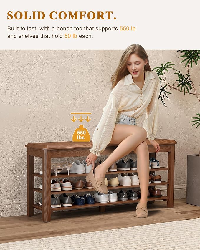 IUNVR Shoe Rack Bench Seat Rubberwood 3-Tier Wooden Storage Bench 550lbs Compact Mid-Century Modern Design for Entryway, Hallway, Closet, Front Door Entrance, Foyer