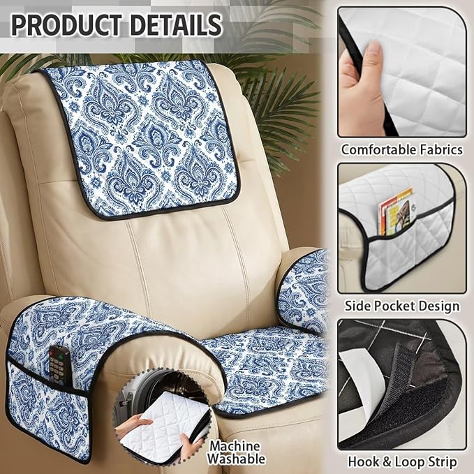 4 PCS Damask Recliner Chair Covers Blue Floral | Quilted Recliner Covers Washable Scratch Proof Retro Furniture Slipcovers Non Slip for Armchair Recliners Decor, Washable