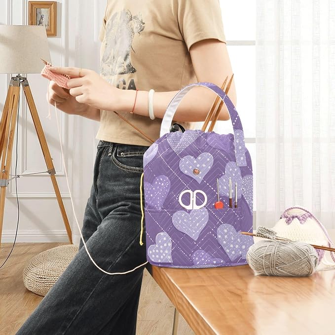 Tatenale Crochet Bag Yarn Bag Knitting Project Bag with Pockets and Handle Portable Yarn Storage Organizer Tangle Free 8.3x11 Inch Lavender Romantic Hearts Valentines Gifts