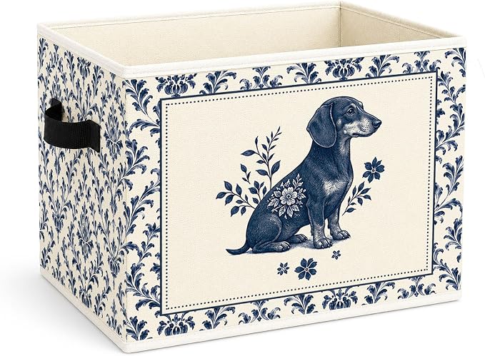 Blue Floral Dog Storage Bin, Foldable Fabric Organizer | Vintage blue floral dog storage bin for toys, books, clothes, pet supplies, nurseries, bedrooms, shelves, and closets.
