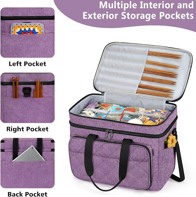 Crochet Organizer Bag with Yarn Holder, Large Yarn Storage for Accessories | 3PCS Crochet Knitting Bag with Accessory Pouch for Hooks, Needles, Travel Tote, Crochet Lovers, Gift for Crafters, No-Tangle
