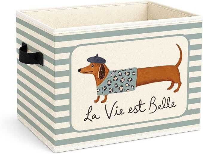 La Vie Est Belle Dachshund Blue Stripe Foldable Fabric Storage Bin | French dachshund and blue stripe design; foldable bin for toys, books, clothes in kids room, nursery, bedroom or playroom.