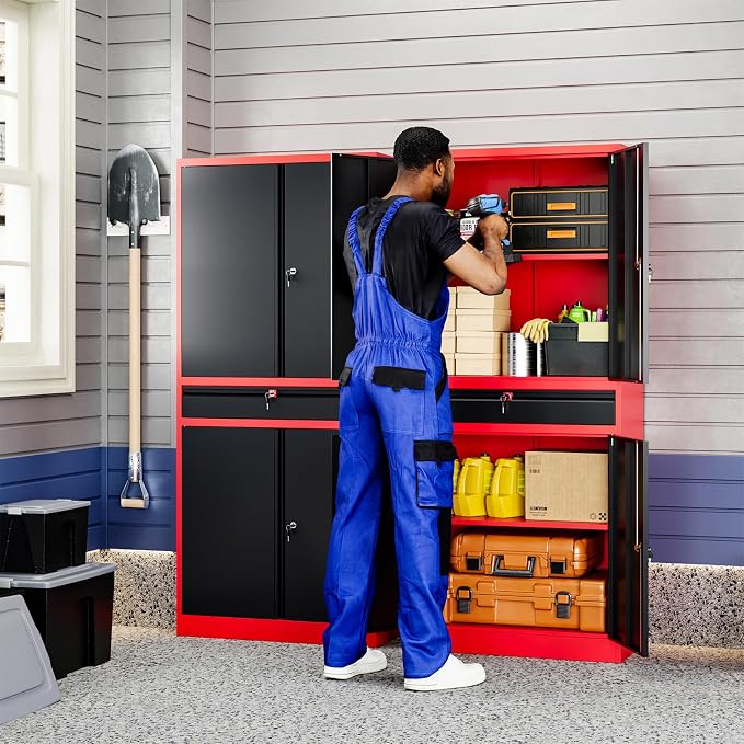 Metal Garage Storage Cabinet with Locking Doors and Adjustable Shelves,- 71" Tool Storage Cabinet with 1 Drawer for Garage,Office,Warehouse