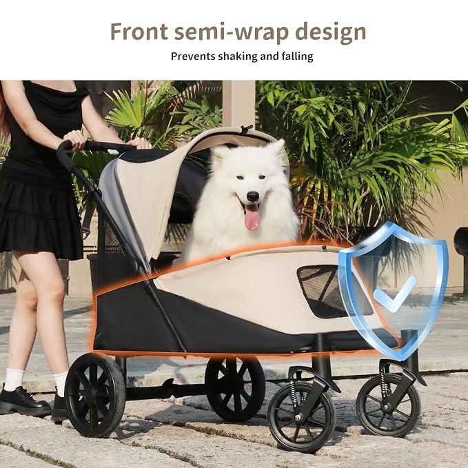 Dog Stroller for Medium/Large Dogs One-Click Folding 4 Wheel Pet Foldable Dog Stroller for 2 Dogs Jogger with Storage Pocket Suitable for Pets Up to 110LBS