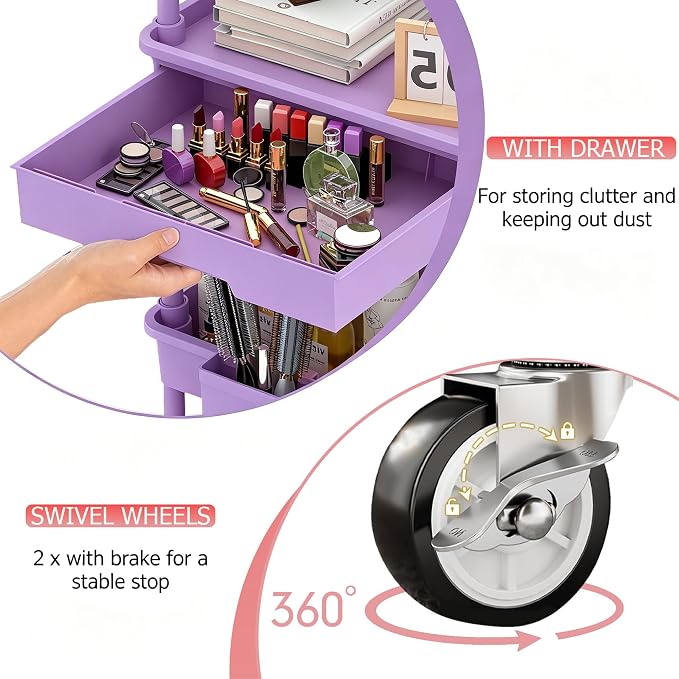 REBECAT 3 Tier Rolling Cart with Drawer, Utility Storage Cart on Wheels for Kitchen, Bathroom, Living Room,Office(Purple)