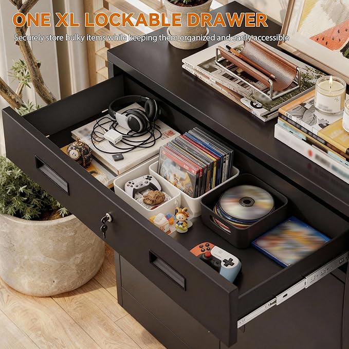 BESFUR Metal Garage Storage Cabinet with One Lockable Drawer 2 Locking Doors and an Adjustable Shelf, 36" Black Metal Short Storage Cabinet for Home Office,Garage,School,Utility Room