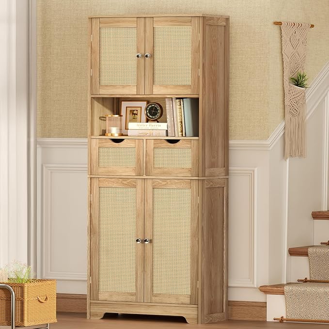 TEENFON 57.8" H Tall Storage Cabinet with 2 Drawers & 2 Adjustable Shelves, Rattan Cabinets with 4 Doors, Cupboard, Kitchen Cabinets, Pantry Cabinet, Tall Cabinet for Living Room, Entryway, Natural