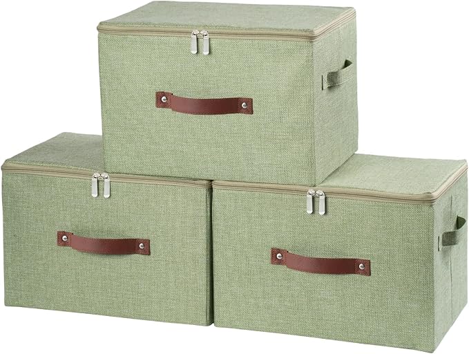3PCS Storage Bins with Zipper Lid Decorative Lidded Boxes Basket | Cotton Linen Fabric Boxes, Collapsible Shelf Closet Organizer Container, PU Leather Handle, Stackable Washable(Green, Large)