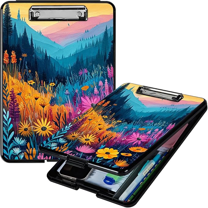 Heavy Duty Storage Clipboard, Slim Nursing Clipboard with Internal Pen Case, Portable File Organizer Case for A4 Letter Size Paper Office Medical Professionals, Mountain Wildflowers