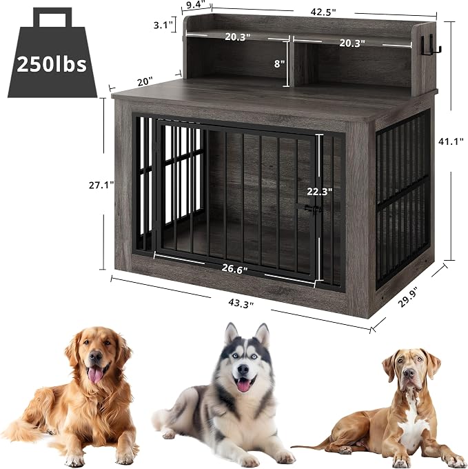 IRONCK 43.3" Extra Large Dog Crate Furniture with Storage Shelf | 10mm iron rods. Storage shelf and 4 hooks. 200 lb tabletop. 30"L x 43.3"W x 41.1"H indoor large crate