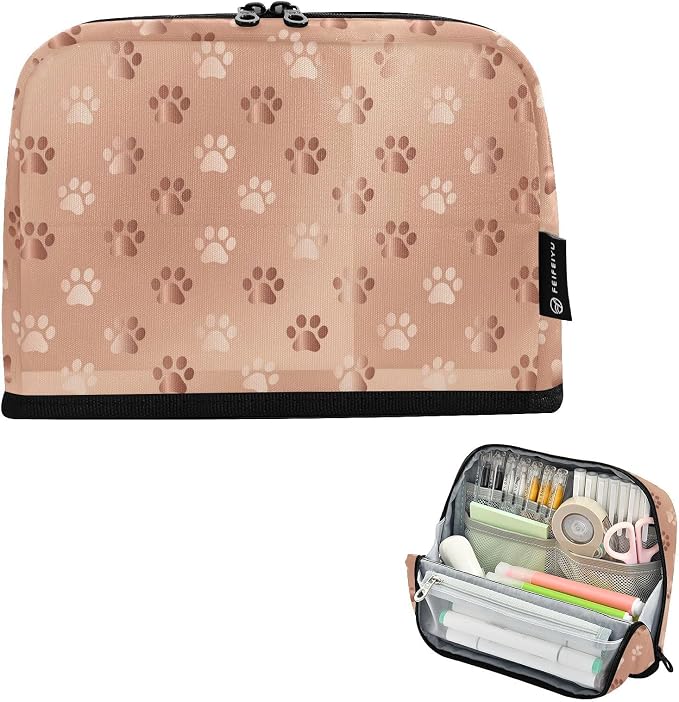 Aslsiy Large Capacity Pencil Case Rose Gold Pet Paws (2) Pencil Pouch for Boys Girls Portable Pen Bag Organizer Standing Makeup Bag for School Office Supplies