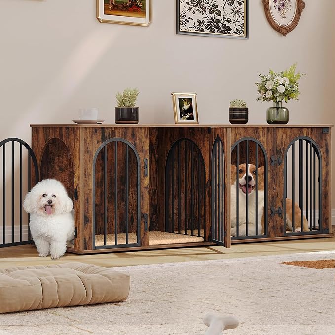 Hzuaneri 63" Double Dog Crate Furniture, Dog Kennel Indoor with Cushion | Heavy Duty Dog Crate Furniture for 2 Dogs,Dog Cage End Table TV Stand with Divider for Med-Large Dogs,Rustic Brown DFC80901B