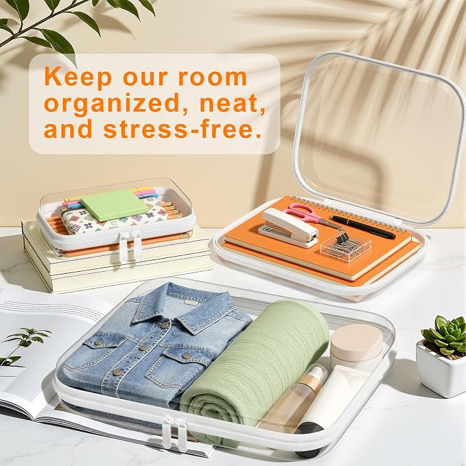 3PCS Clear Hard Shell Zipper Case,9.9*7.9*2in,Travel Toiletry Cosmetic Bags | Crush-Proof Waterproof Clear Zipper Pouches,Multi-Size Storage Box,Stackable Portable Makeup Bag Organizers PET Hard Pouch