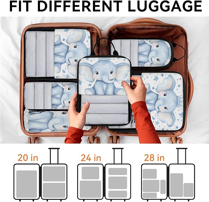 Elephant 6 Set Compression Packing Cubes Blue Elephant Expandable Packing Organizer for Travel Accessories Luggage Suitcase Bag