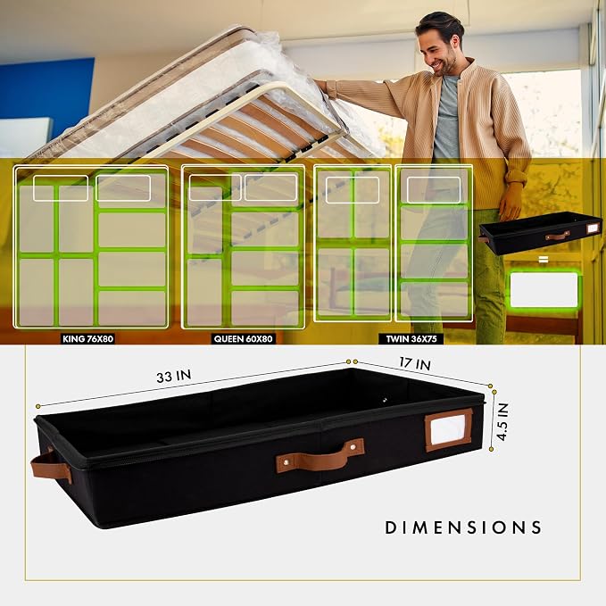 HOMELUX THEORY Under Bed Storage, Low Profile 2pc with Lid, Black | Slim fit for low-clearance beds & couches, Fits seasonal clothes, blankets & shoes, Bins with lids, Space-saving storage