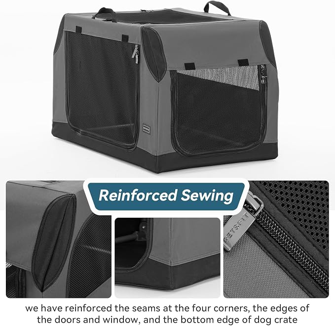 PETSFIT Travel Dog Crate, Soft Dog Crate - 30 Inch Sturdy Adjustable Structure, Easy to Set Up, Perfect for Car, Light Tough with 3 Mesh Doors Grey
