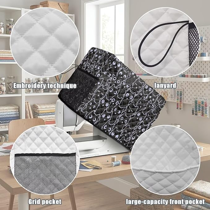 Sewing Machine Cover Polyester Febric Line Cute Black Cat Print | Dust Pet Hair Protection,Quilting Design,Fits Standard Singer,Brother Janome Machines,Protecting Decorating Your Sewing Space