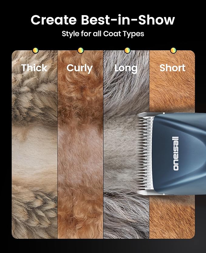 oneisall Professional Dog Clippers for Grooming with Dual Battery, Unlimited Runtime, Professional Dog Grooming Clippers 2 Speed for Thick Long Curly Matted Hair,A5 Blade, Metal Guide Combs