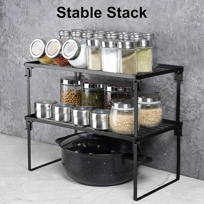 Tomorotec 2-Pack Stackable Kitchen Storage Shelf Rack Metal Cabinet Shelves | Metal Cabinet Organizer Shelf for Spices, Pantry, Cupboard Countertop, with Removable Support Legs for Easy Storage (Black)