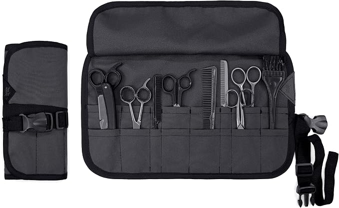 Under NY Sky Scissors Roll Up Case For Salon Hair Cutting Shears, Grey | Professional Oxford Canvas Pouch Case, Portable Storage Organizer for Salon Tools, Hair Stylists, Barbers & Hairdressers