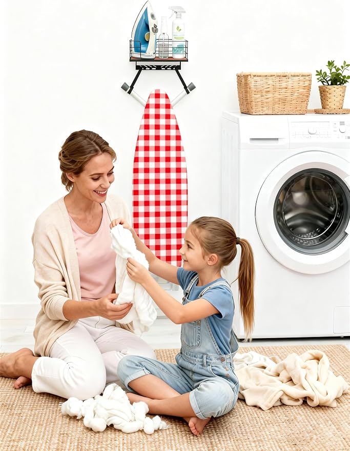 THYGIFTREE Ironing Board Hanger Wall Mount Adjustable Hooks Fits T & Y Shaped Boards, Iron Holder Metal Frame with Wood Shelf for Laundry Room Organization, Holds Iron, Steamer & Accessories