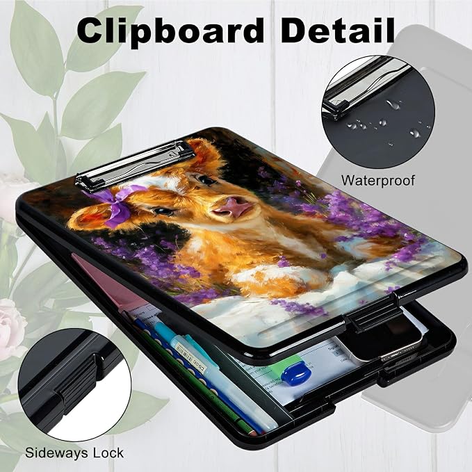 Heavy Duty Storage Clipboard, Slim Nursing Clipboard with Internal Pen Case, Portable File Organizer Case for A4 Letter Size Paper Office Medical Professionals, Lavender Cow
