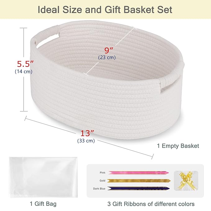 Small Woven Gift Basket with Bag & Ribbons, White | Cotton Rope, 13”x 9”x 5.5”, Fits for Kids, Women & Men, Bedroom, Living Room, Nursery & Bathroom Storage, Cat & Dog Toy Boxes