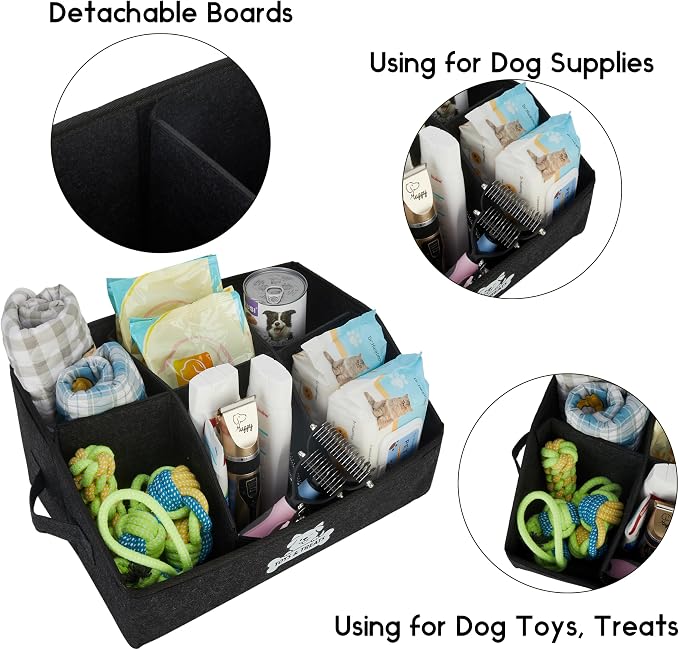 Dog Treat Container with Removable Dividers, Dog Treat Storage and Organizer for Countertop, Collapsible Pet Treats Containers, Dog Toy Basket for Pet Supplies and Treats (Dark Grey)