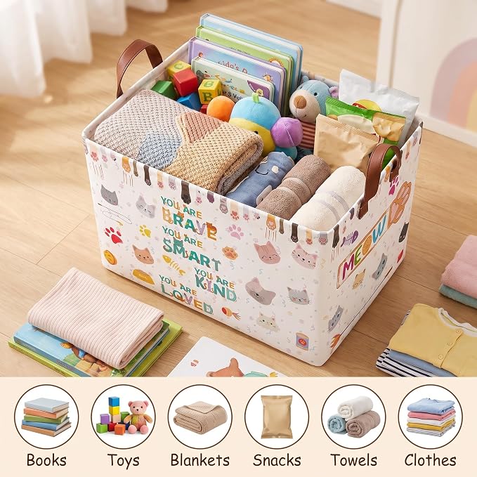 Cute Cat Toy Storage Basket,Square Toy Bin,Storage Bin for Pet Room Decor | Collapsible Nursery Storage Bin with Sturdy Handles for Clothes, Toys, Pillows, Living Room Bedroom Bathroom