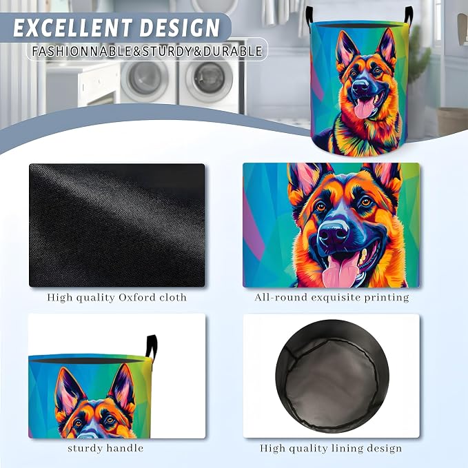 Colorful German Shepherd Laundry Basket, Cute Puppy Pet Dog Storage Hamper, Round Collapsible Waterproof Cloth Bin, 19.7x15.7 Inch Cartoon Art Clothes Organizer Gifts for Bathroom Decor