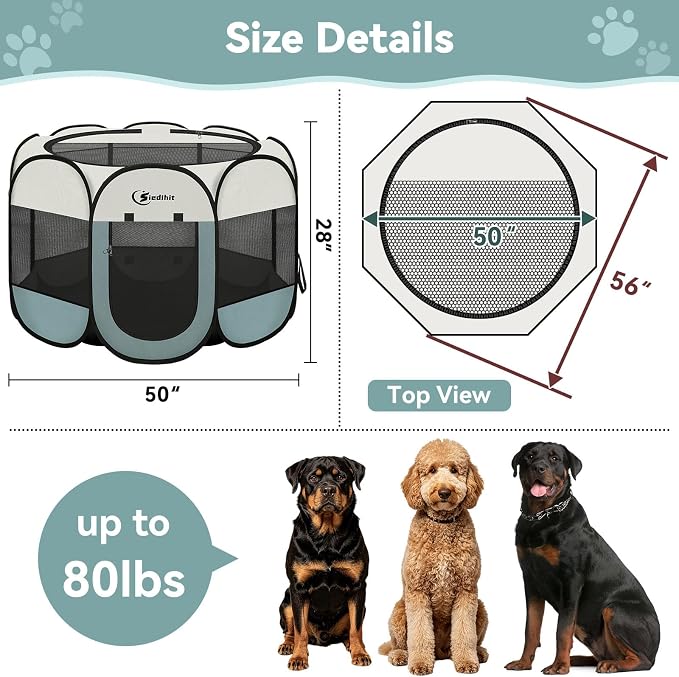 Siedihit Dog Playpen Tent Crate Cage Indoor Outdoor Travel Extra Large Grey | Pet Nursing Enclosure Camping Rest Zone for Recovering Pets 600D waterproof polyester Oxford, Breathable double-layer mesh