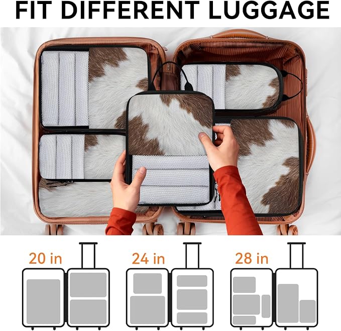 Cow Print 6 Set Compression Packing Cubes Farmhouse Cow Expandable Packing Organizer for Travel Accessories Luggage Suitcase Bag