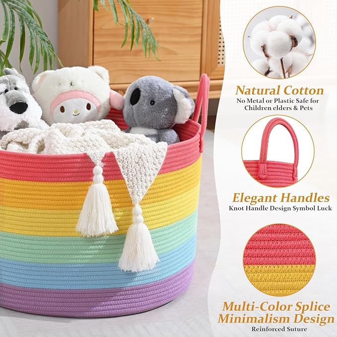 67L Large Rainbow Blanket Basket, Cotton Rope Baby Laundry Hamper with Handles, Kids Toy Basket for Classroom & Nursery, Soft Round Stuffed Animal Storage, Dog Toy Bin - 20"x13", Rainbow