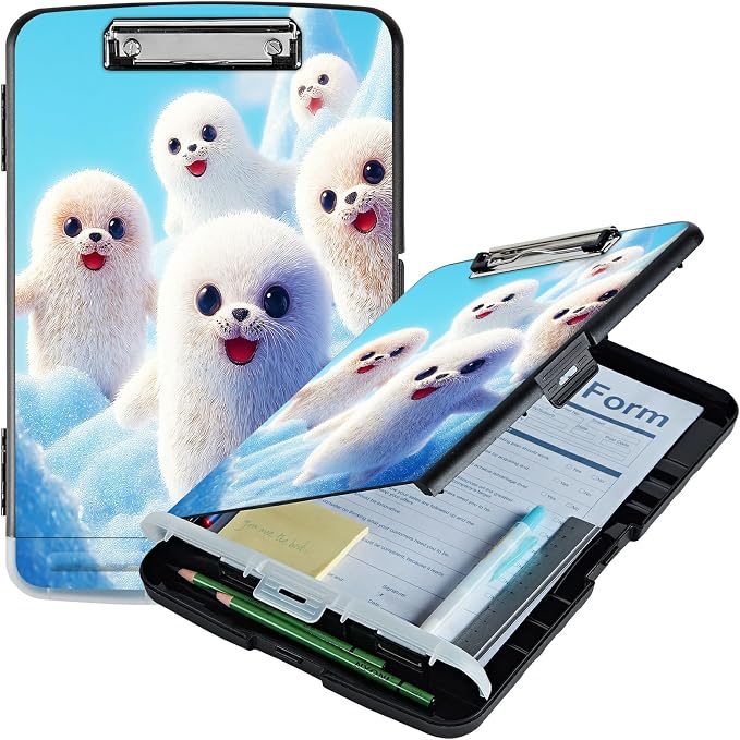 A4 Clipboard with Storage Pen Holder, Clipboards Organizer Nursing Clipboard Foldable File Folder Plastic Clipboard Folio Clip Board for Office Work Classroom Doctor, Snow Sea Lion