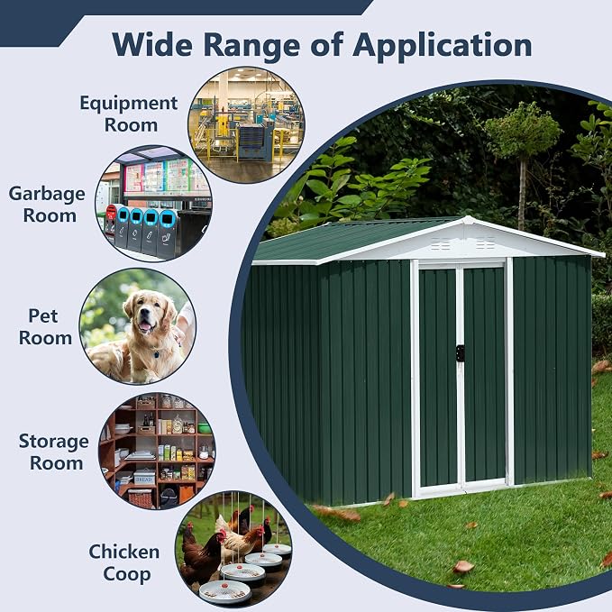 8' x 6' Outdoor Metal Storage Shed Outdoor Shed Galvanized Steel Garden Shed with Sliding Door and Window for Ventilation Storage Sheds House for Backyard Garden（Green）