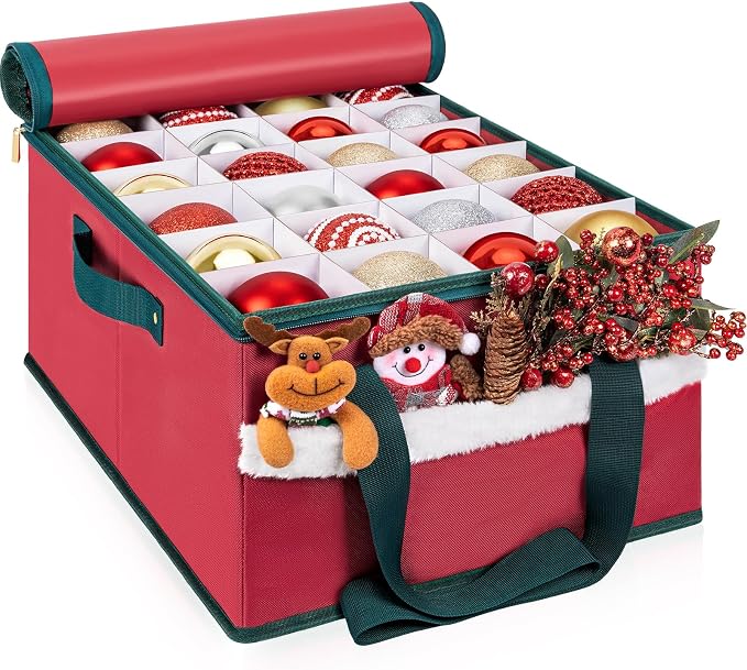 Christmas Ornament Storage Box with Adjustable Dividers Zippered Top Stores up to 72 Holiday Ornaments (3 Inch) Xmas Ball Decorations Organizer Storage Container Bin