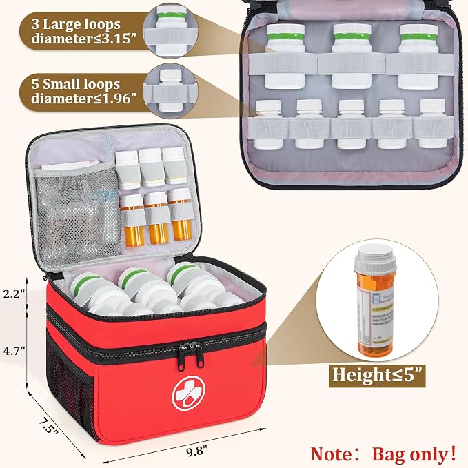Dual Layers Medicine Organizer, Lockable Travel Pill Bag, Red | Adjustable dividers for neat pill organization. Durable zippers & portable design suit daily use, travel or first aid kit