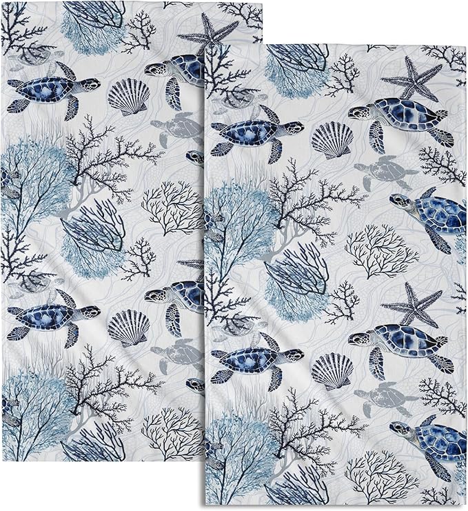 Giwawa Sea Turtle Hand Towel Set of 2, Summer Ocean Coral Starfish Towel, Watercolor Undersea Blue Tortoises Face Towel Quick Dry Dish Wash Cloth for Hotel Bathroom Gym Home Spa Decor