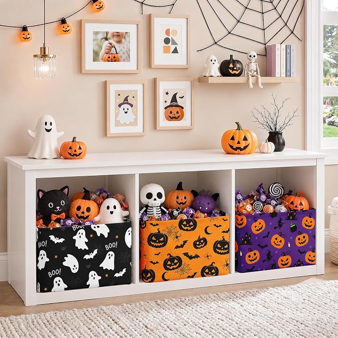 Britimes Halloween Storage Baskets for Gifts, Toy Storage Bins Boxes, 3Pcs | Halloween Ghost Boo Canvas Collapsible Baskets Organizer with Handles Nursery Decor Laundry Basket for Shelves Closet