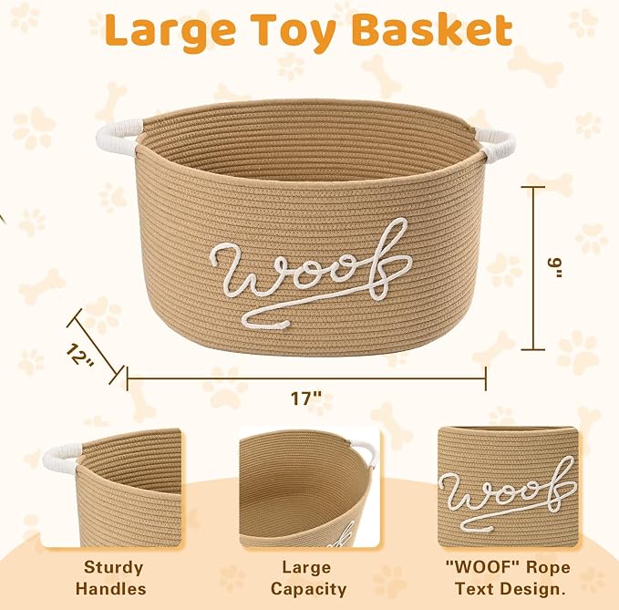 Woof Dog Toy Basket, Large Dog Toy Storage Bin with Durable Handles, Woven Dog Basket for Blankets, Toys, Chews, Pet Toy Storage Box for Nursery, Living Room, Bedroom, 17”x12”x9, Beige