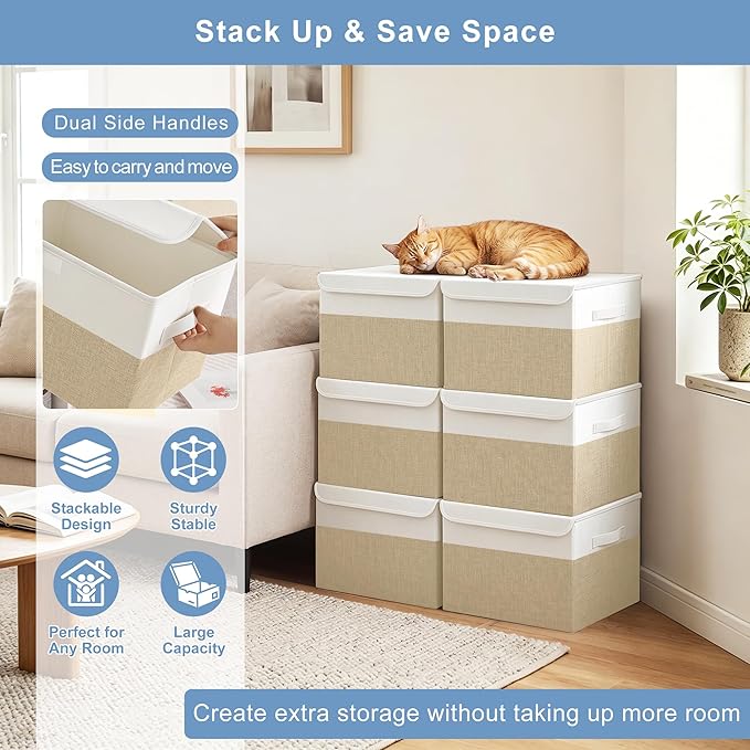 Large 22 Quart Linen Fabric Foldable Storage Bin Cube Organizer Basket with Flip-Top Lid & Handles, Clothes Blanket Box for Home, Office, Closet, Beige & White, 4 Pack 14.6 x 9.5 x 9.5”
