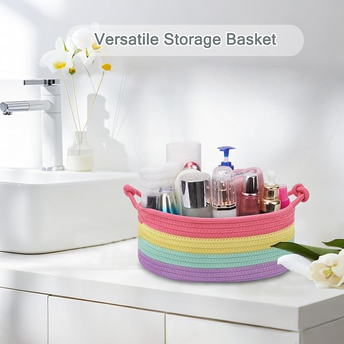 COMSE Small Gift Basket Empty with Bag & Ribbons, Rainbow | Cotton Rope, 12"x 8"x 5", Pet Toy Storage Organizer, Woven Basket for Birthdays, Baby Showers, Mother’s Day, Valentine’s Day