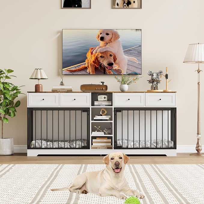 Dog Crate Furniture for 2 Dogs, Double Dog Crate TV Stand, White | 82" Large Dog Kennel Indoor with 4 Storage Drawers and 4 Shelves, Suitable for Small, Medium and Large Dogs