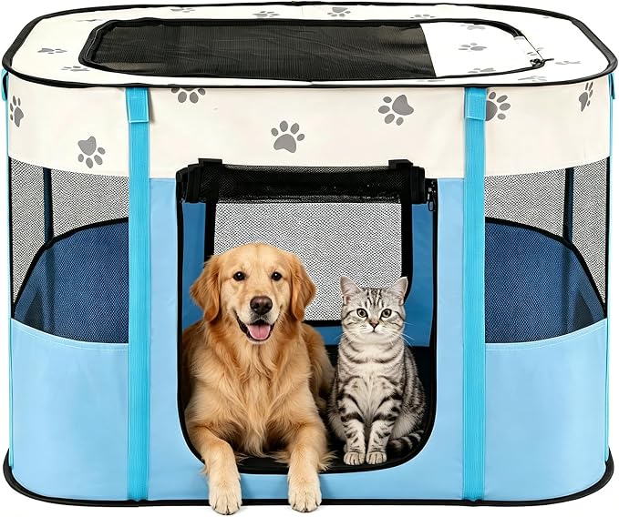 Avont Portable Pet Puppy Dog Playpen, Foldable Cat Playpen, Indoor/Outdoor | Water-Resistant Breathable Shade Cover, Travel Camping Use for Small Animals with Carrying Case, (L/Blue)