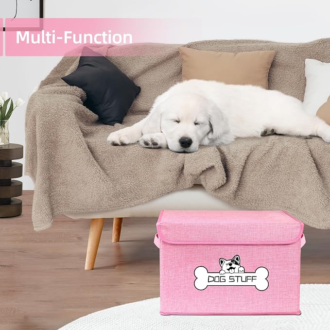 Dog Toy Basket with Lid, Collapsible Box for Pet Accessories | Storage Bin for Living Room, Fabric Container with Handle, Organizer for Small Medium dogs, Pink