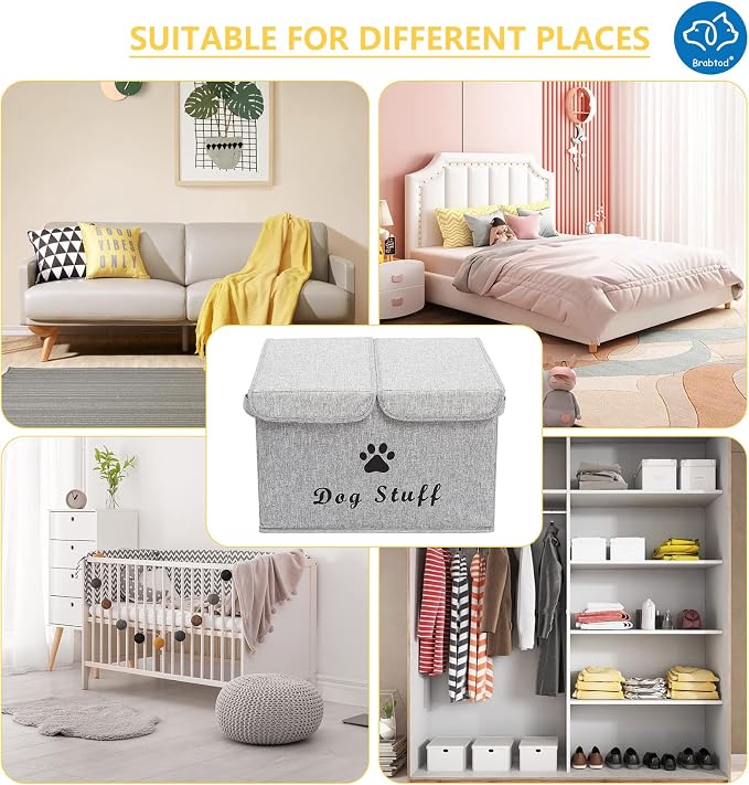 Large Dog Toys Storage Box Canvas Storage Basket Bin Organizer with Lid - Collapsible Linen Bin Ideal for Organizing Dog Cat Toys and pet stuff-PP Boad-17" x 12" x 10" - Snow Gray