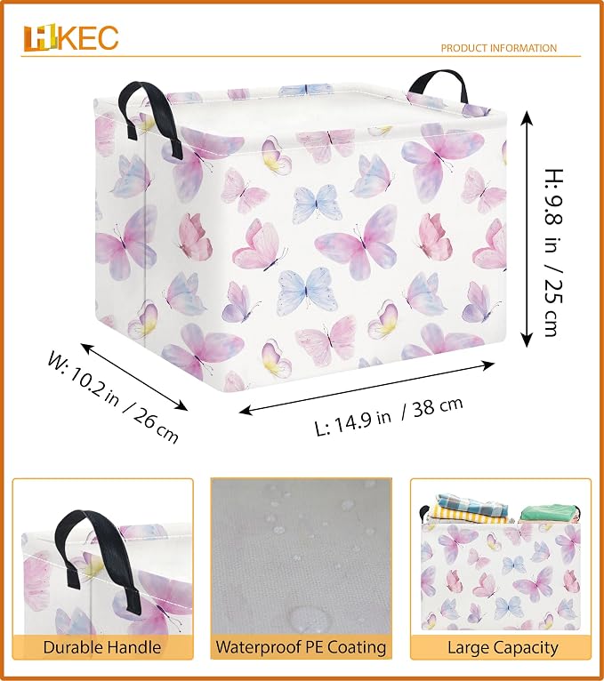 Rectangle Storage Basket with Handles,Collapsible Storage Bin,Books Box,Gift Basket(Pink Watercolor Butterfly)