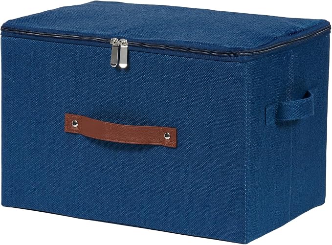 Storage Bins with Zipper Lids Decorative Lidded Baskets Boxes | Clothes Container, Closet Shelf Organizer, Foldable Washable, Cotton Linen Fabric, w/ PU Leather Handles, Deep Blue, Large
